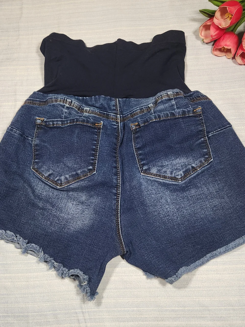 Haute Mama Maternity Full Pane Denim Shorts - Distressed. Dark Wash - Size M